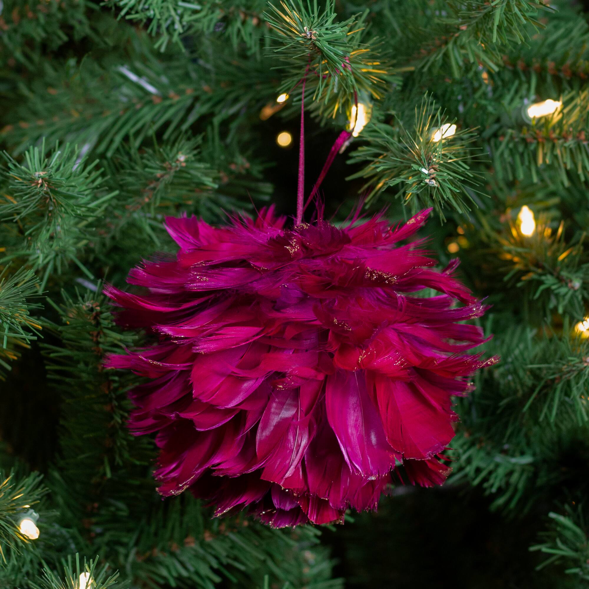 5.5" Pink & Gold Glitter Tipped Feather Ball Ornament